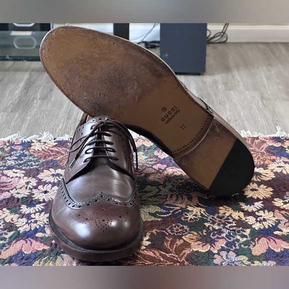 Gucci Signature Stripe Wingtip Brown Leather Men’s Brogue Oxfords Size 11 US 12 - Picture 8 of 15
